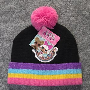 LOL Surprise Hat Beanie Cuffed Pom Pom Kids One Size Black Pink Rainbow Stripe